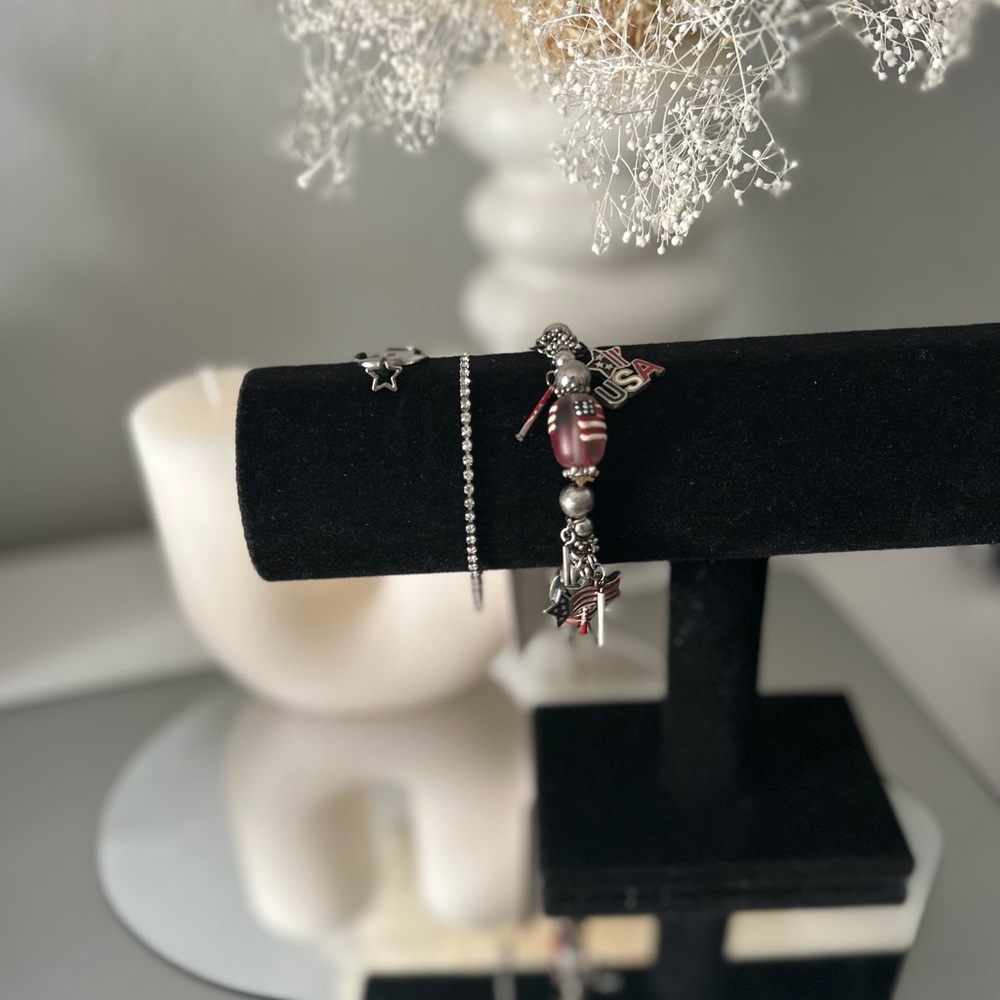 USA! (silver set) Charm bracelet, Cubic Zirconia Tennis bracelet and Star ring